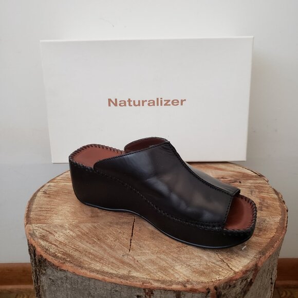 Naturalizer Tempi Black Leather Platform Wedge Sandals Sz 6M Like New - Picture 14 of 15